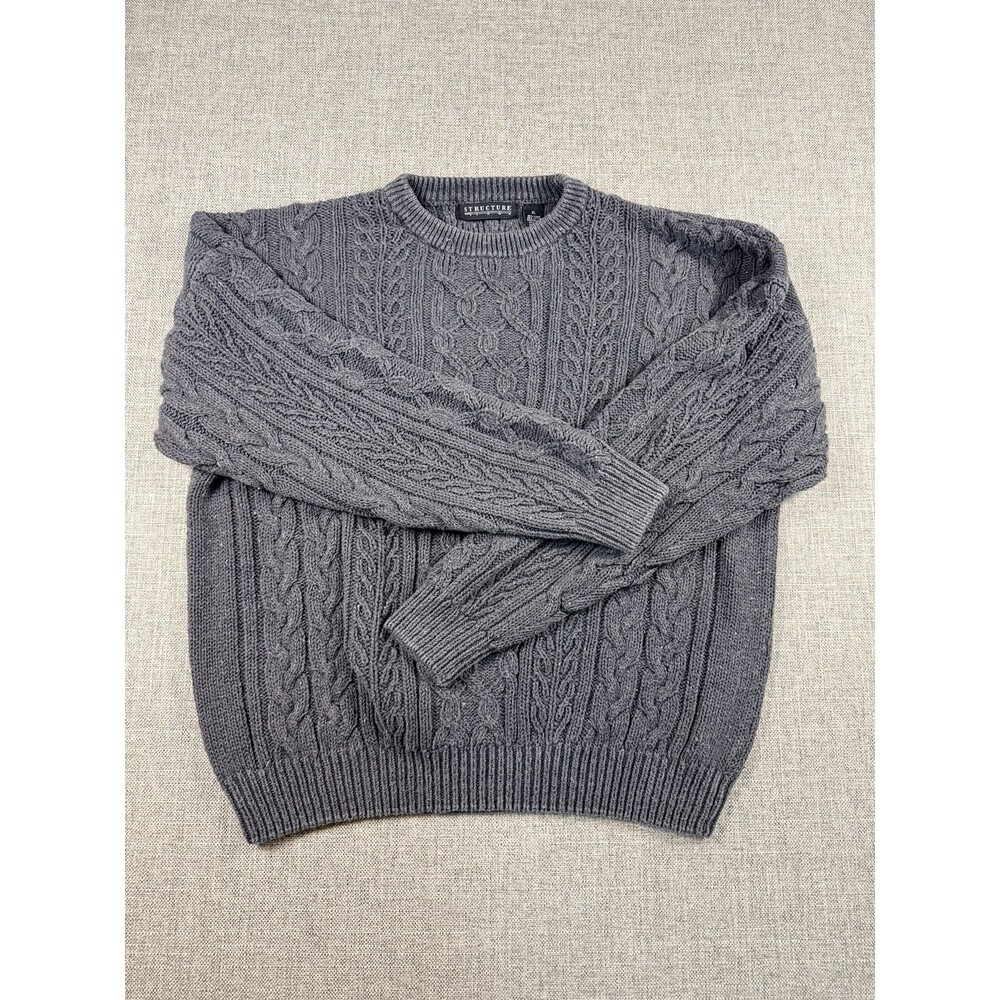 VTG 90s Structure Sweater Men's XL Grey Cable Knit Fisherman Grandpa Crew Neck
